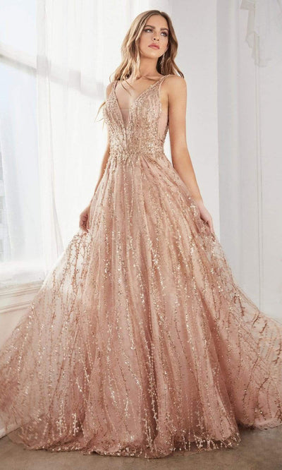 Cinderella Divine - Plunging Sequined Glitter Print A-Line Gown C32 - 1 pc Rose Gold In Size 8 Available CCSALE 8 / Rose Gold