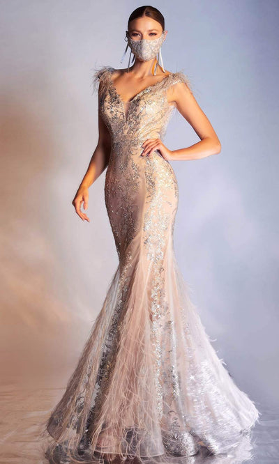 Cinderella Divine - Feather Ornate Embellished Gown C57SC In Silver and Neutral