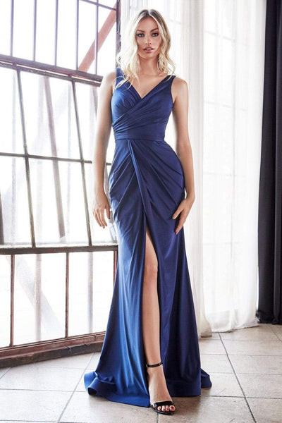 Cinderella Divine - C81730 Sleeveless Fitted High Slit Jersey Gown CCSALE 14 / Navy