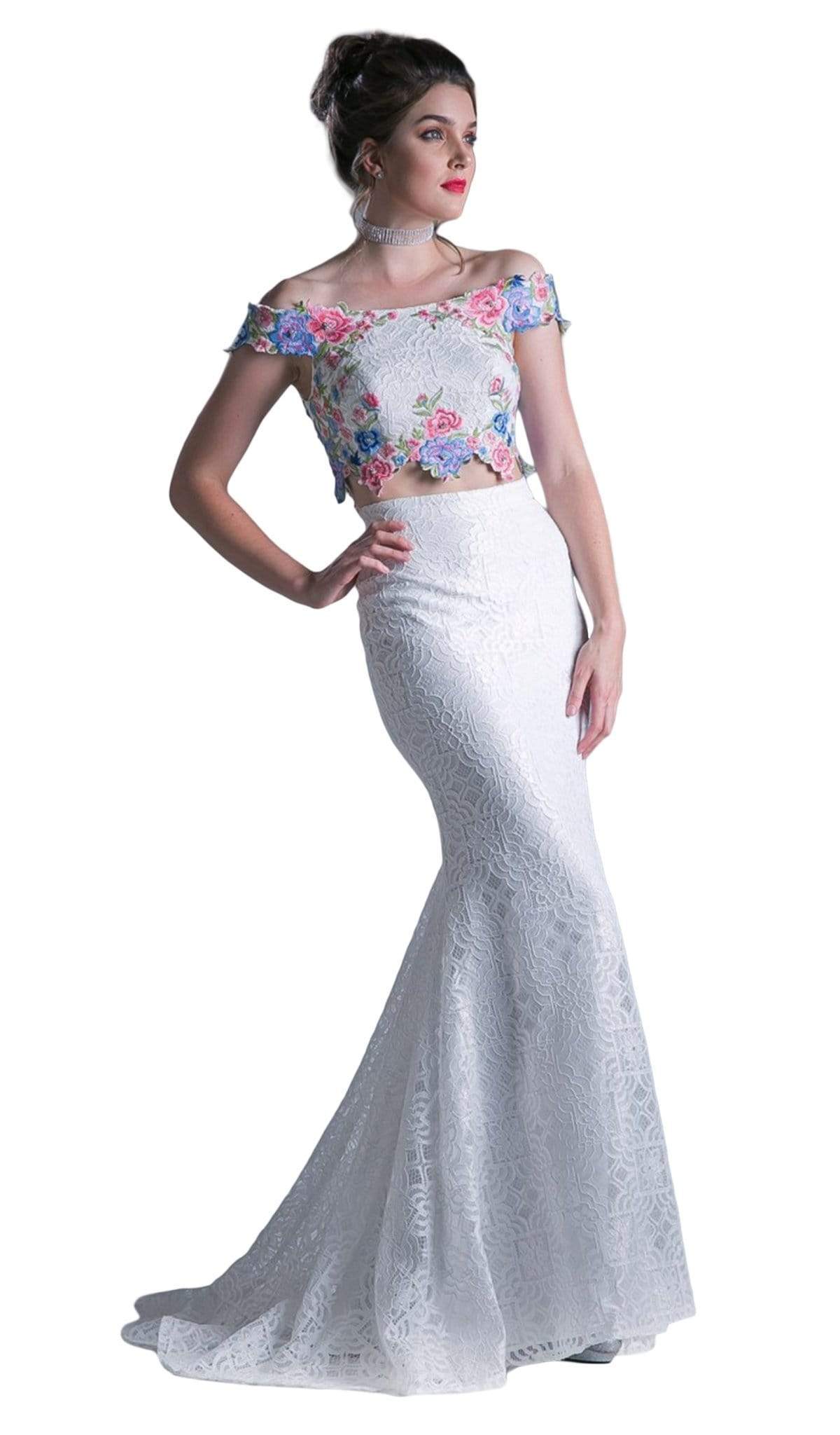Cinderella Divine - CA314 Two Piece Floral Embroidered Mermaid Dress Evening Dresses 2 / White