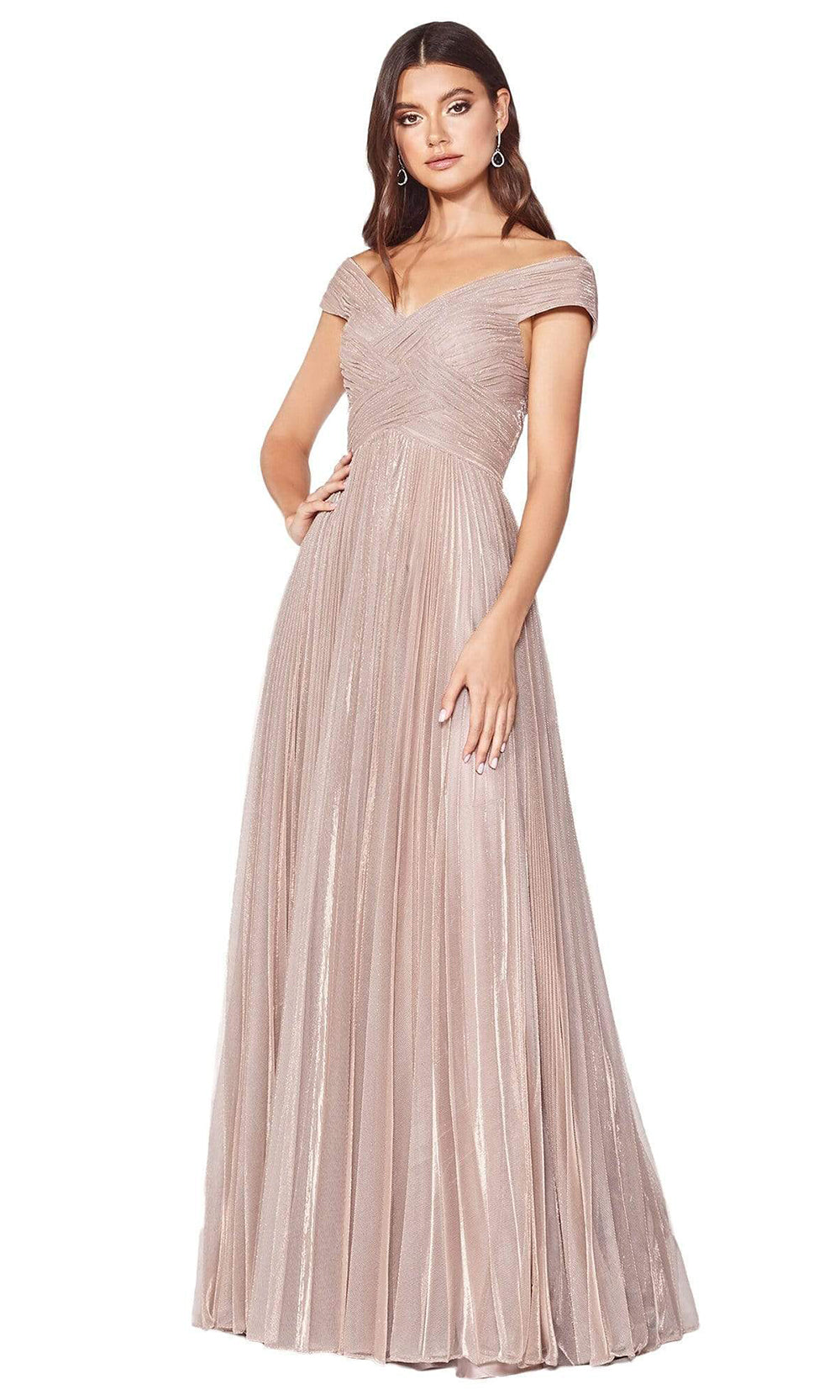 Cinderella Divine - Shirred V-Neck Metallic A-line Dress CJ539SC In Pink