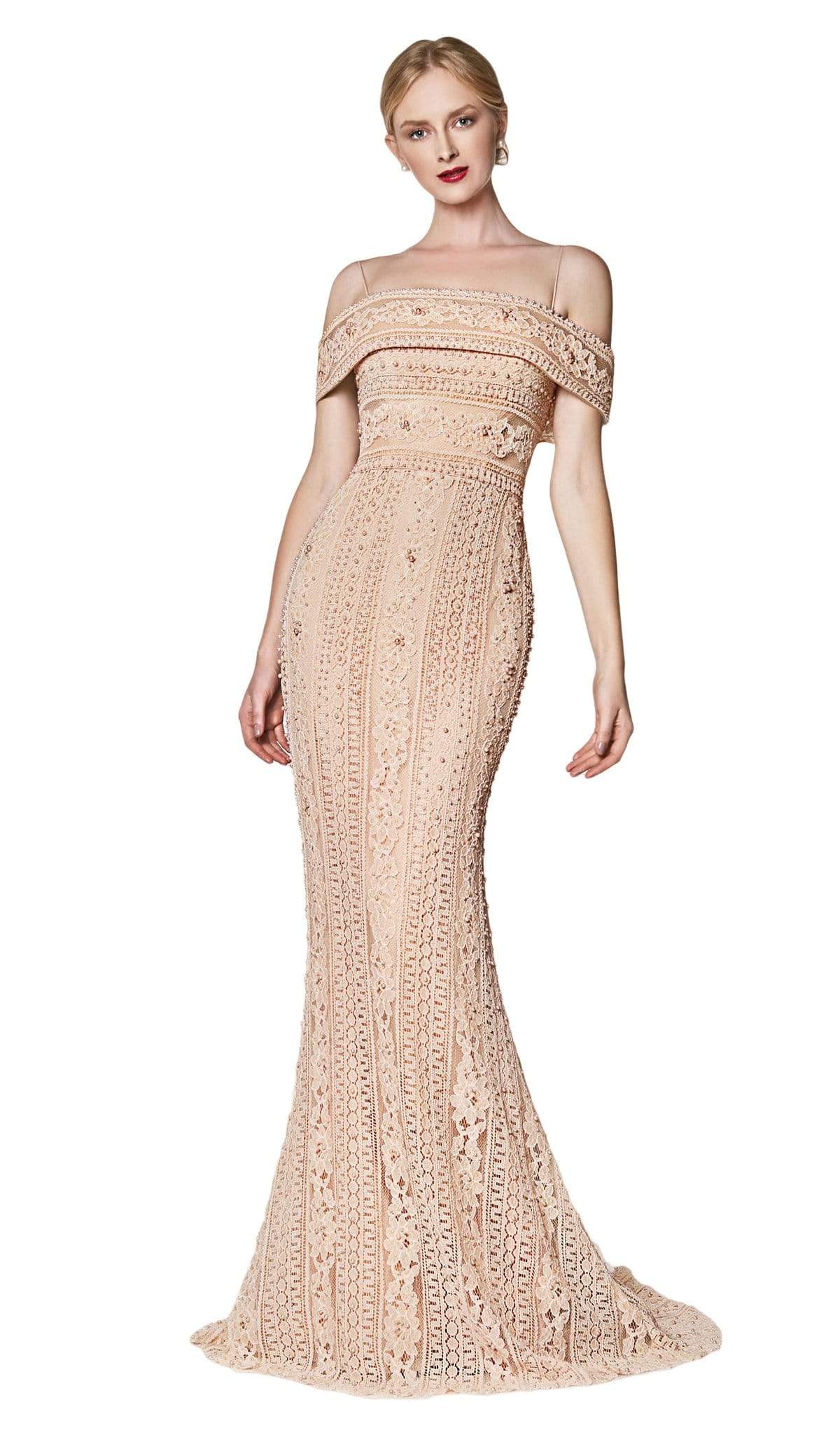 Cinderella Divine - CB0032 Off Shoulder Beaded Lace Mermaid Gown Special Occasion Dress 2 / Champagne