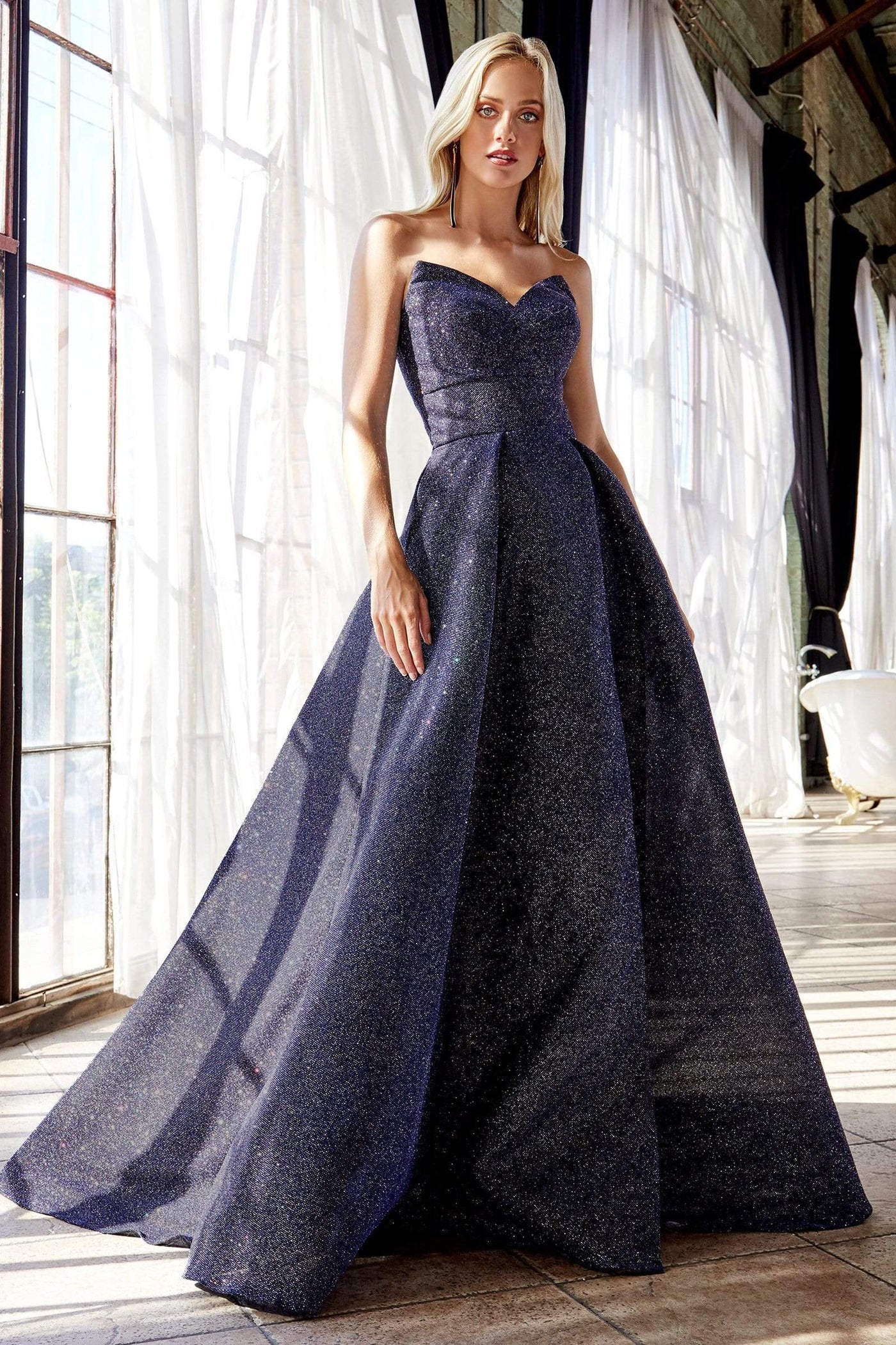 Cinderella Divine - CB045 Strapless V-Neck Pleated Glitter Gown Prom Dresses
