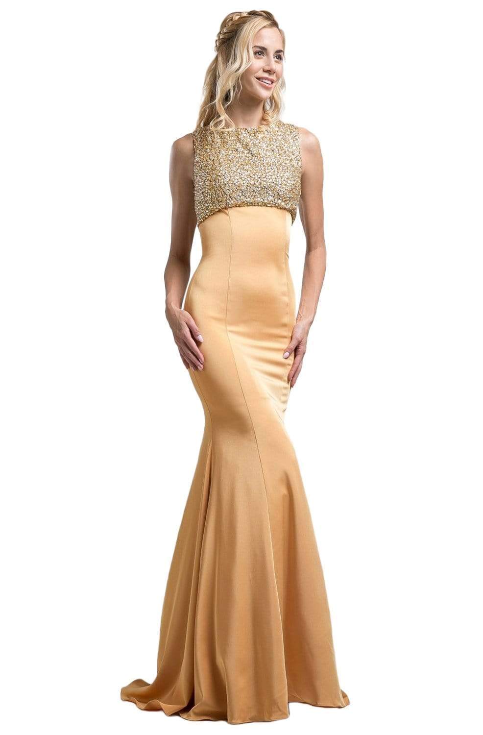 Cinderella Divine - CB758 beaded Jewel Neck Sateen Trumpet Dress Evening Dresses 2 / Gold