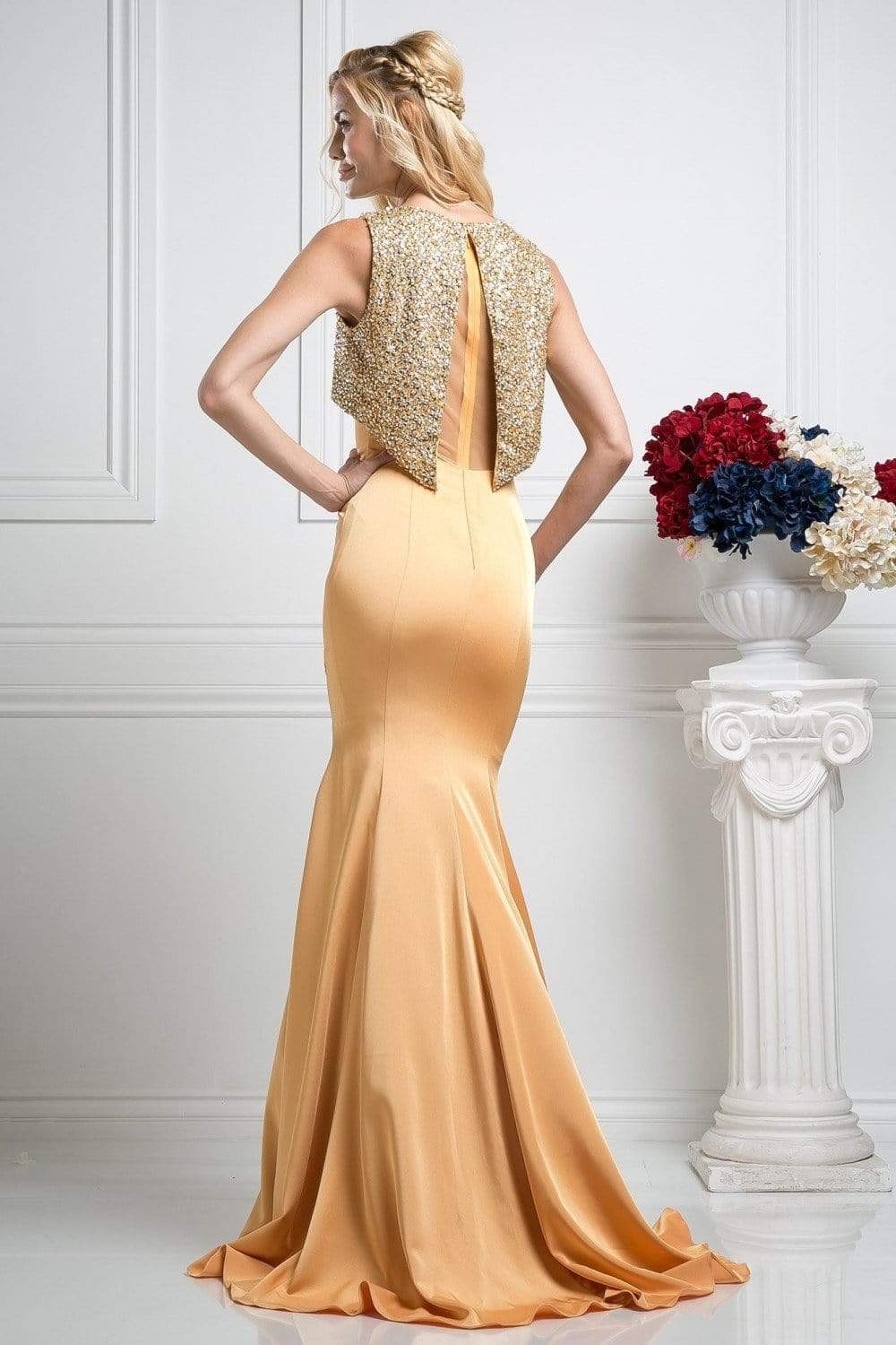 Cinderella Divine - CB758 beaded Jewel Neck Sateen Trumpet Dress Evening Dresses