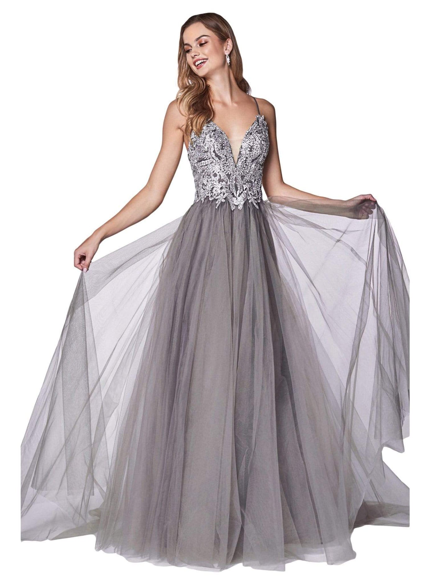 Cinderella Divine - CD0128 Applique Detailed Bodice Tulle A-Line Gown Special Occasion Dress XS / Gray