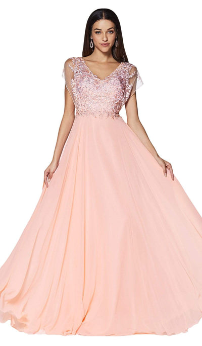 Cinderella Divine - CD0135 Lace V-neck Chiffon A-line Dress Special Occasion Dress XS / Blush