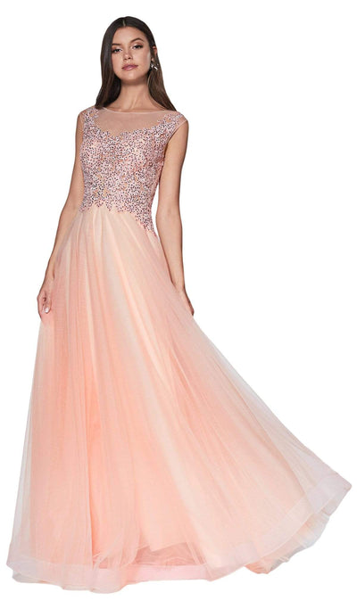 Cinderella Divine - CD0136 Beaded Lace Illusion Neckline Tulle Gown Special Occasion Dress XS / Blush