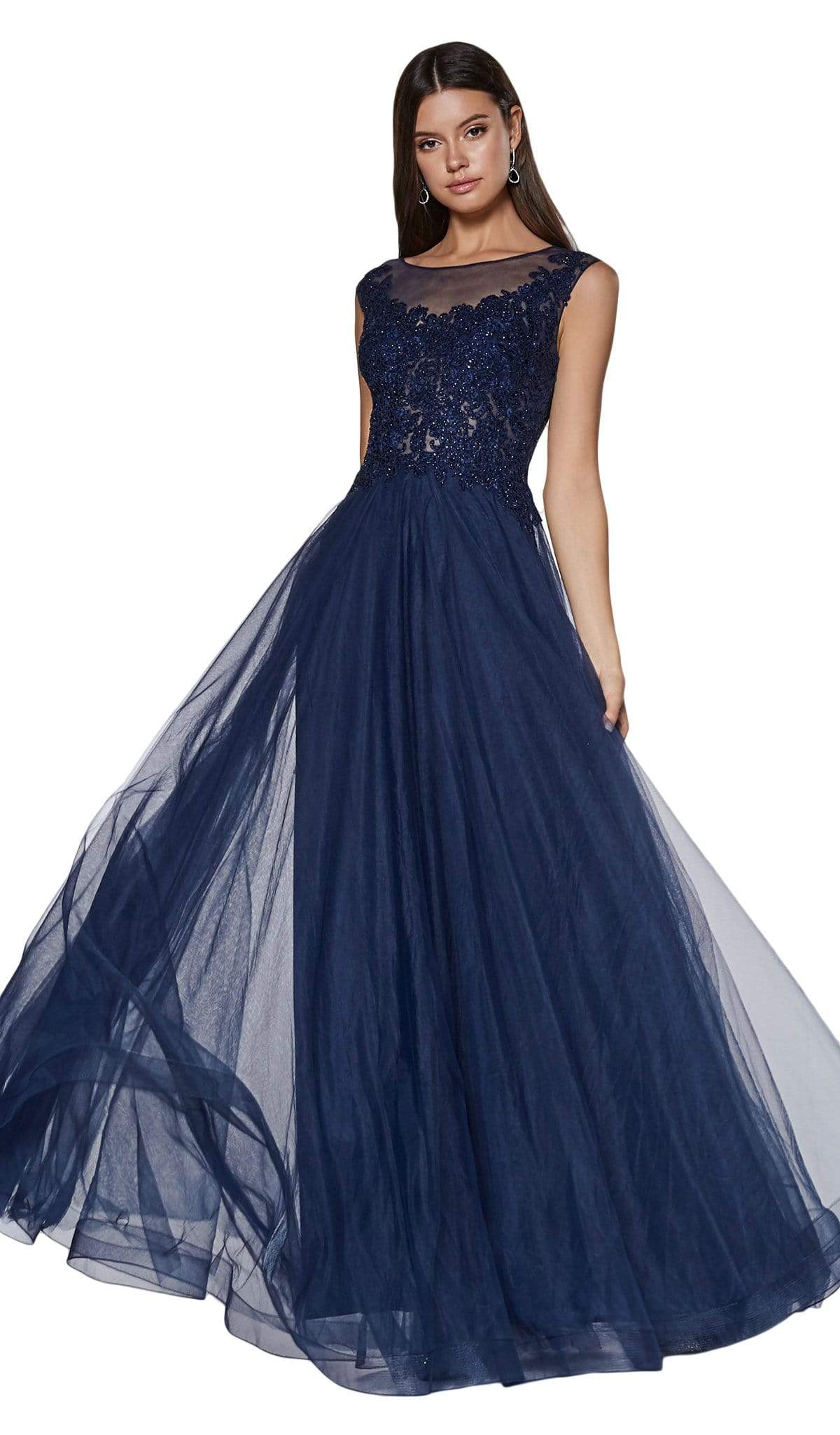 Cinderella Divine - CD0136 Beaded Lace Illusion Neckline Tulle Gown Special Occasion Dress XS / Navy