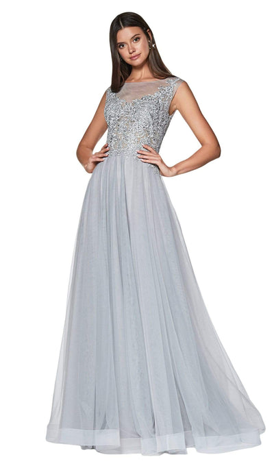 Cinderella Divine - CD0136 Beaded Lace Illusion Neckline Tulle Gown Special Occasion Dress XS / Silver