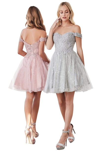 Cinderella Divine - CD0167 Off Shoulder Beaded Lace Tulle Short Dress - 1 pc Rose In Size S Available CCSALE S / Rose