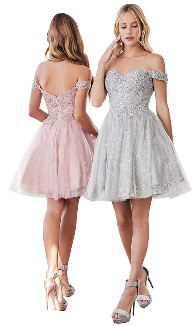 Cinderella Divine - CD0167 Off Shoulder Beaded Lace Tulle Short Dress - 1 pc Rose In Size S Available CCSALE S / Rose