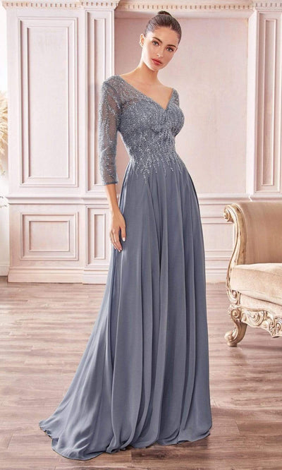 Cinderella Divine - CD0171SC Beaded Chiffon A-Line Gown In Blue