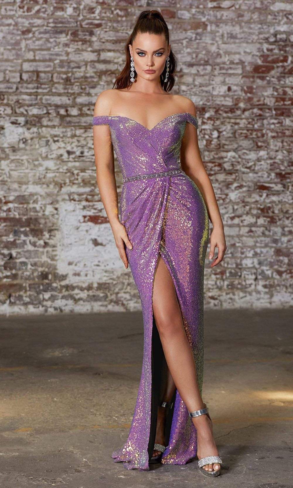 Cinderella Divine - CD158 Sequined Off-Shoulder Gown with Slit Evening Dresses 2 / Opal Violet