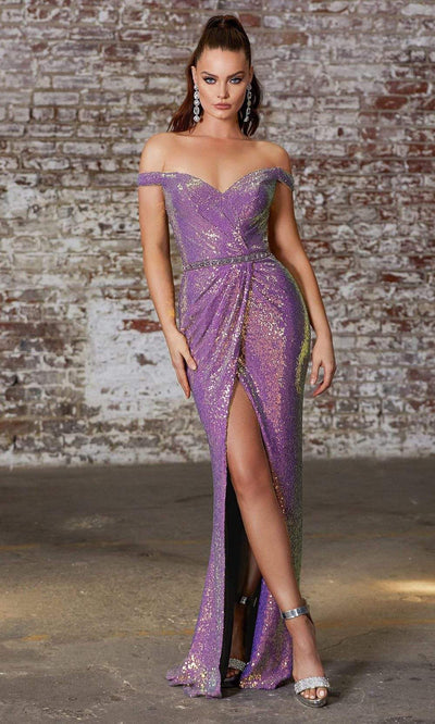 Cinderella Divine - CD158 Sequined Off-Shoulder Gown with Slit Evening Dresses 2 / Opal Violet