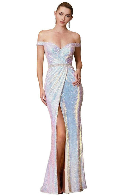 Cinderella Divine - CD158 Sequined Off-Shoulder Gown with Slit Evening Dresses In Opal