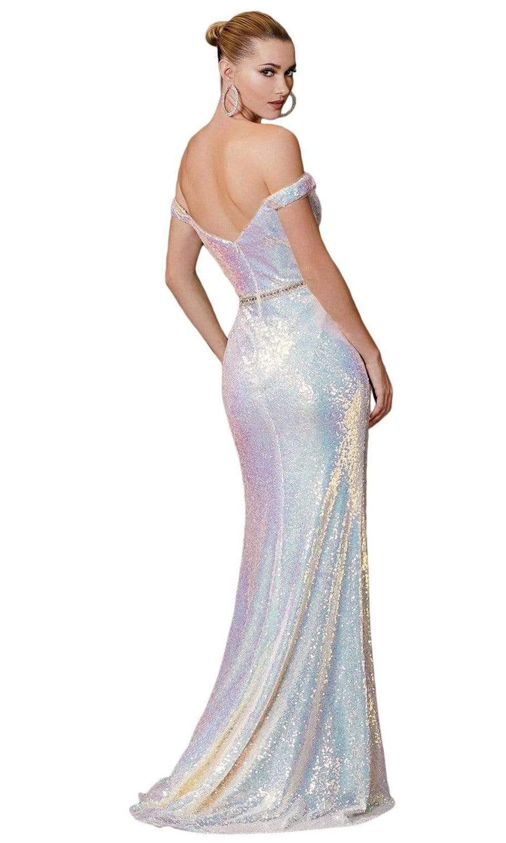 Cinderella Divine - CD158 Sequined Off-Shoulder Gown with Slit Evening Dresses