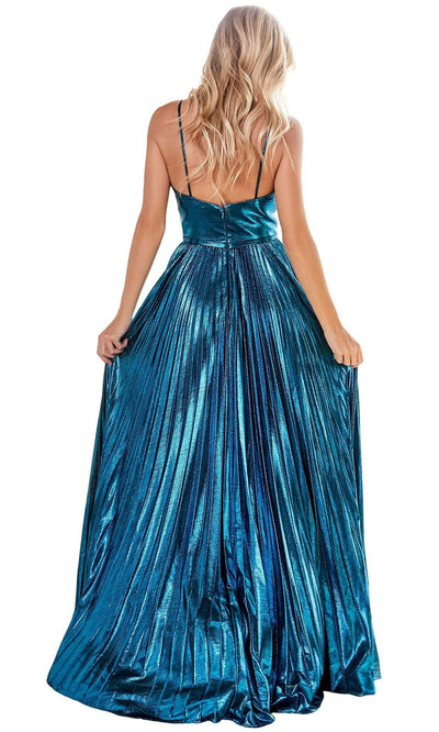 Cinderella Divine - Plunging Metallic Shirred Dress CD161SC In Blue