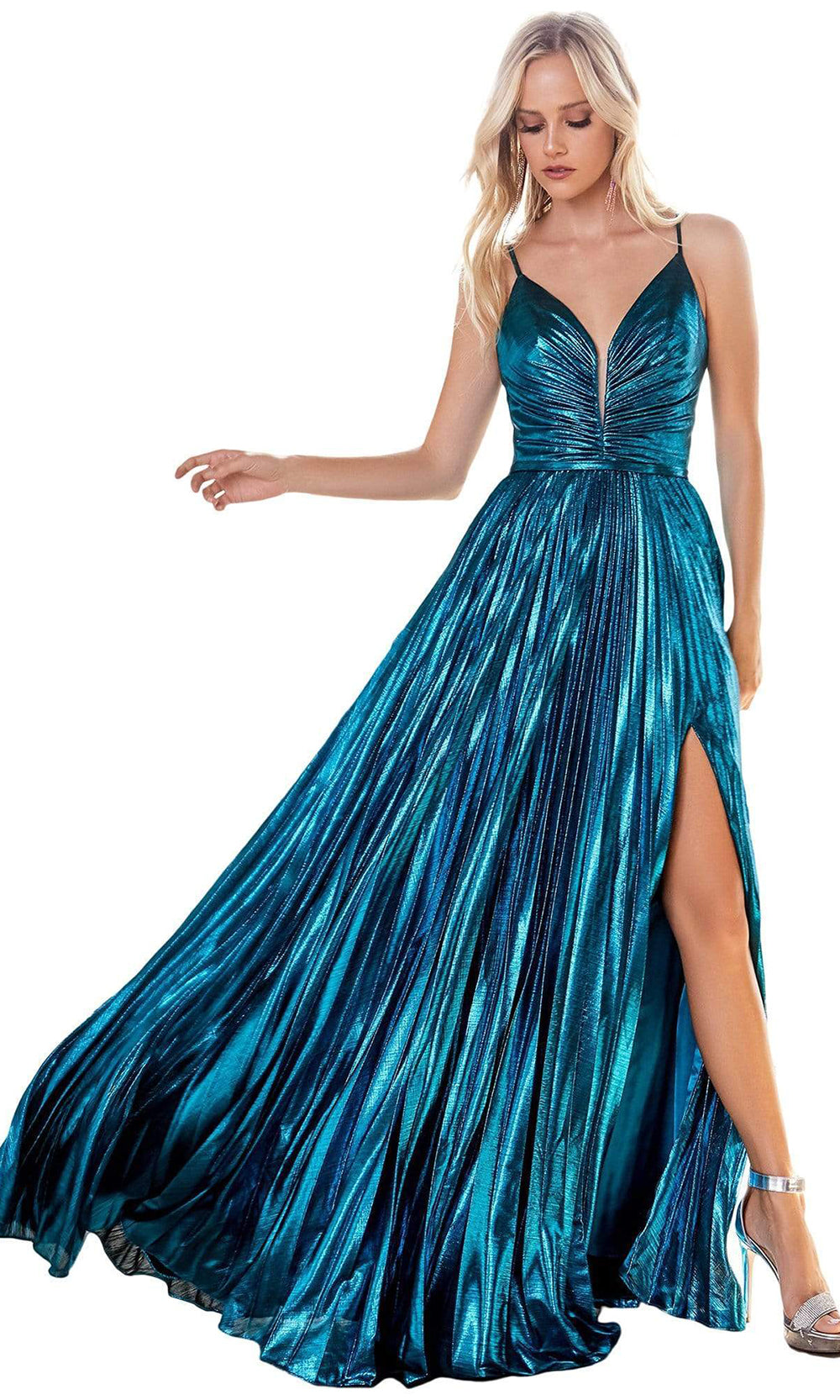Cinderella Divine - Plunging Metallic Shirred Dress CD161SC In Blue
