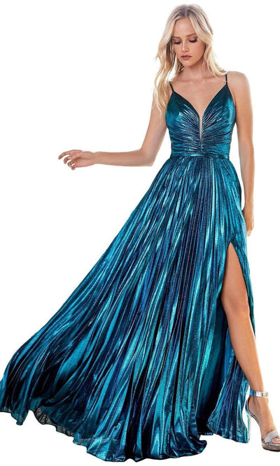 Cinderella Divine - CD161 Illusion Plunging Neck Metallic A-Line Dress Evening Dresses 2 / Peacock