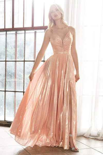 Cinderella Divine - CD161 Illusion Plunging Neck Metallic A-Line Dress Evening Dresses 2 / Rose Gold