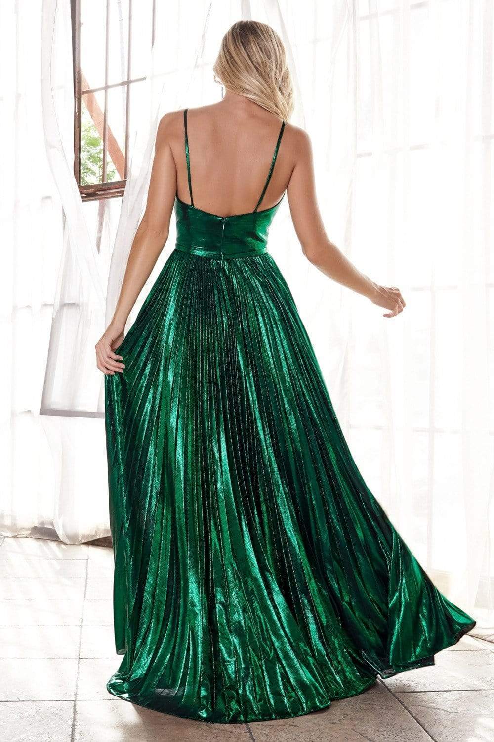 Cinderella Divine - CD161 Illusion Plunging Neck Metallic A-Line Dress Evening Dresses