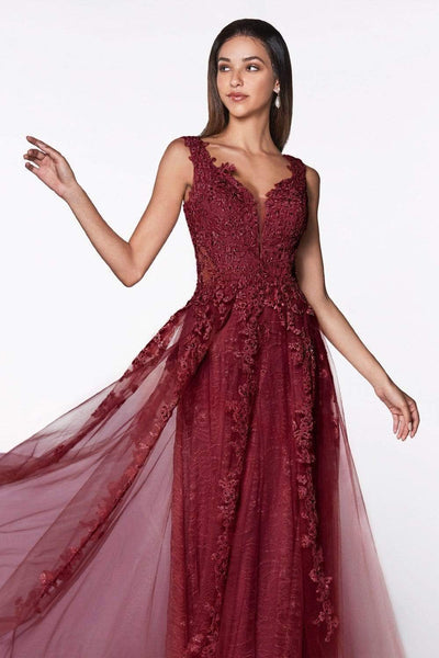 Cinderella Divine - CD4091 Plunging Illusion Side Lace A-Line Gown Prom Dresses 2 / Burgundy