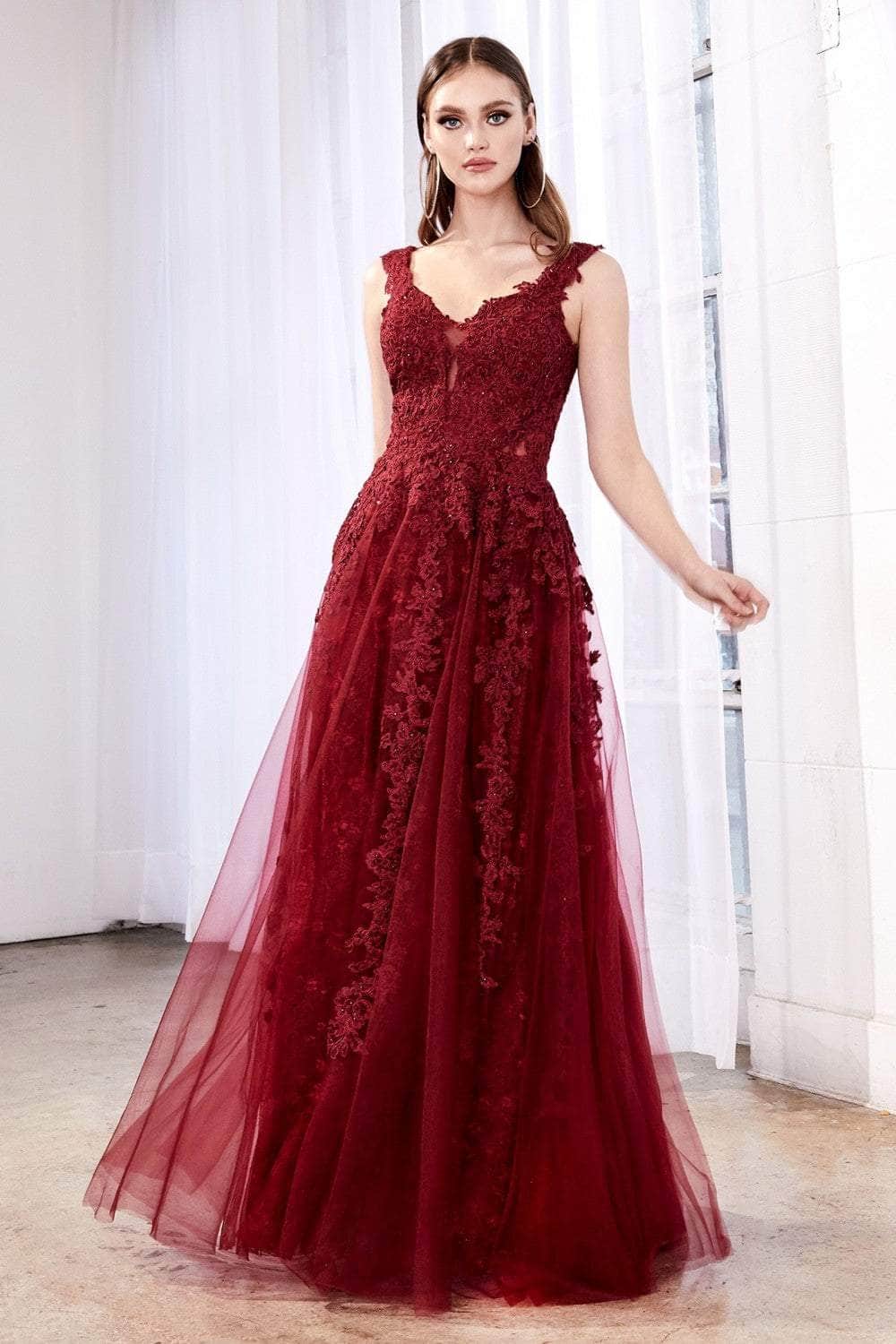 Cinderella Divine - CD4091 Plunging Illusion Side Lace A-Line Gown Prom Dresses 2 / Burgundy