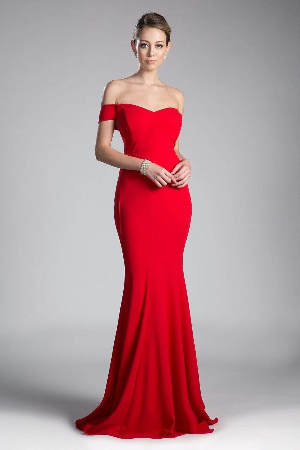Cinderella Divine - CD711 Sleek Off-Shoulder Jersey Sheath Prom Dress Bridesmaid Dresses S / Red