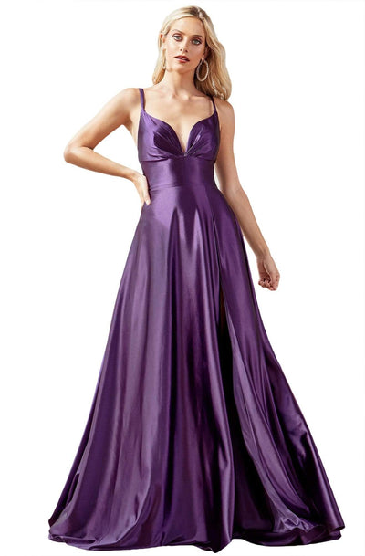 Cinderella Divine - CD903 Deep V-neck Satin A-line Gown Bridesmaid Dresses 2 / Eggplant