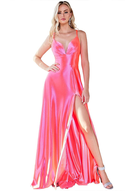 Cinderella Divine - CD903 Deep V-neck Satin A-line Gown Bridesmaid Dresses 2 / Neon Pink