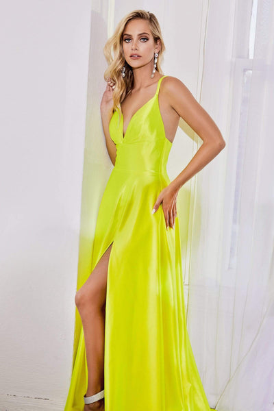 Cinderella Divine - CD903 Deep V-neck Satin A-line Gown Bridesmaid Dresses 2 / Neon Yellow
