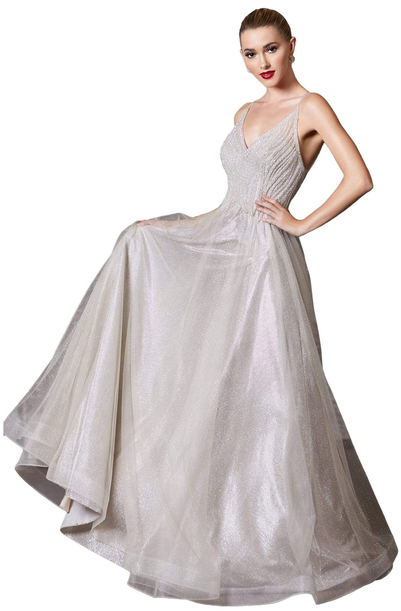 Cinderella Divine - CD910 Bead-Textured Bodice Glitter A-Line Gown Prom Dresses 2 / Light Champagne