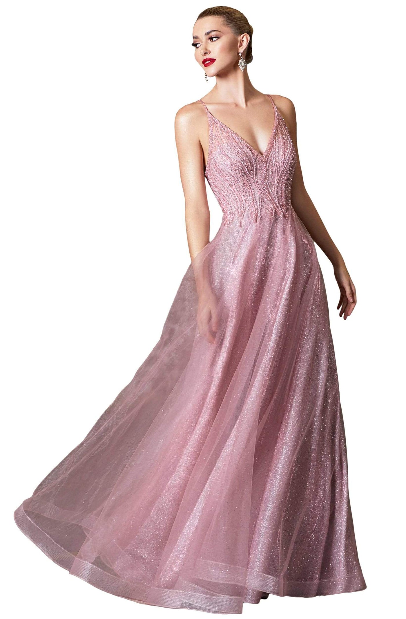 Cinderella Divine - CD910 Bead-Textured Bodice Glitter A-Line Gown Prom Dresses 2 / Rose