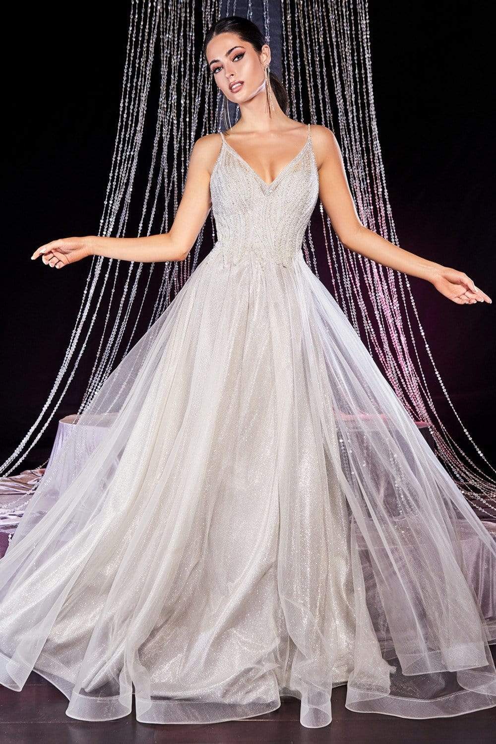 Cinderella Divine - CD910 Bead-Textured Bodice Glitter A-Line Gown Prom Dresses