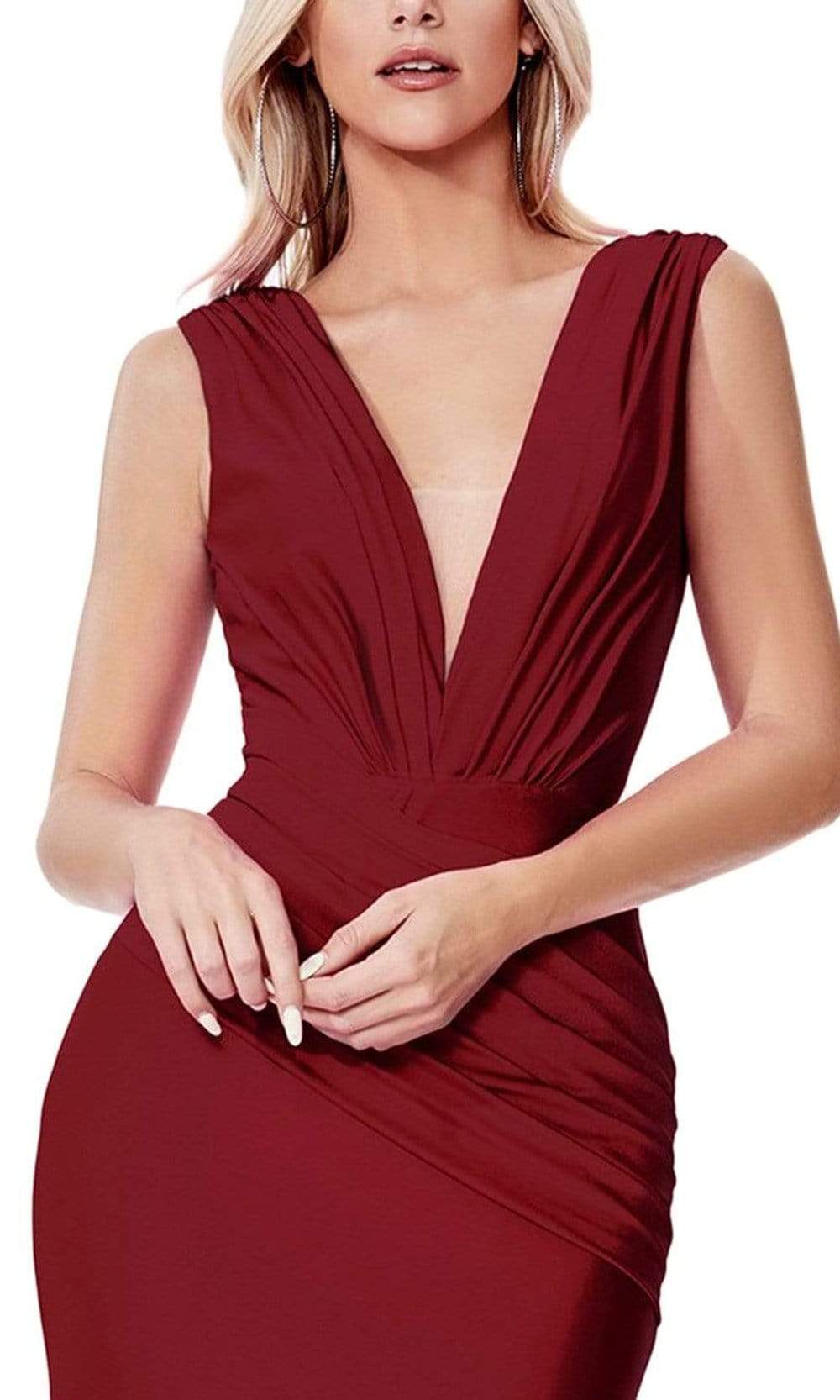 Cinderella Divine - Sleeveless Low V-Back Ruched Fit and Flare Dress CD912SC In Red