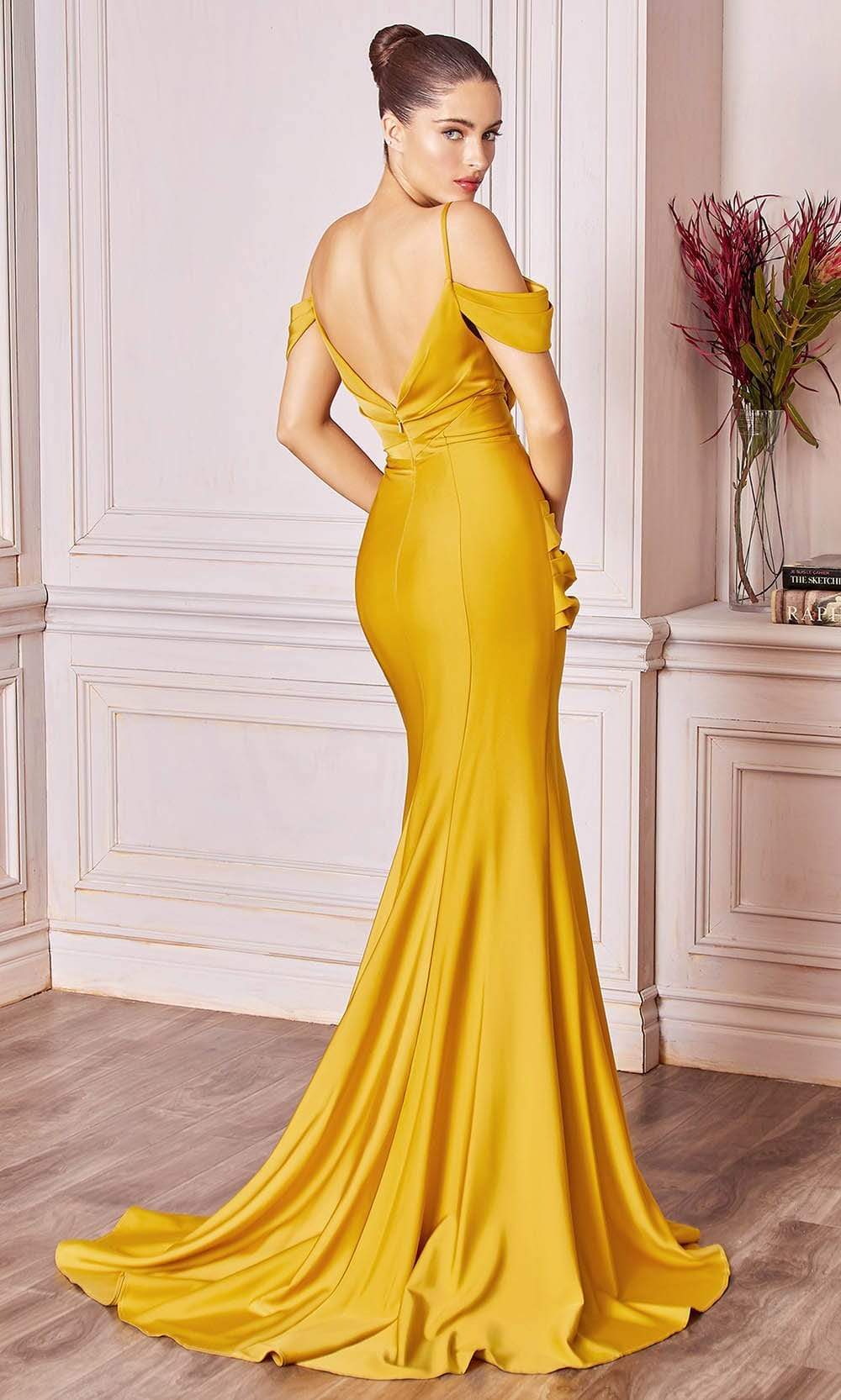 Cinderella Divine - Cut-in Cold Shoulders Draped Bodice Long Gown CD942SC In Yellow