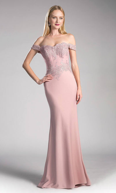 Cinderella Divine - Scalloped Off Shoulder Lace Applique Gown CF158 - 1 pc Royal In Size L Available CCSALE XL / Dusty Rose