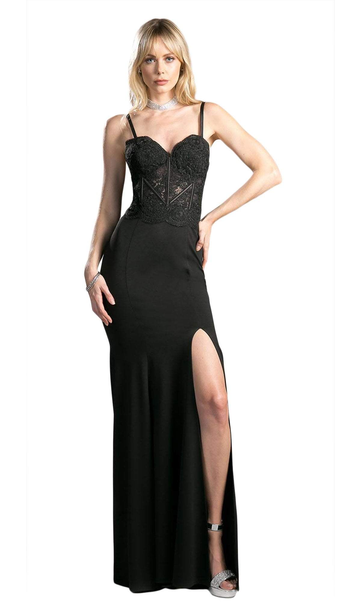 Cinderella Divine - CF266 Lace Applique Bodice Jersey Evening Dress Evening Dresses XXS / Black