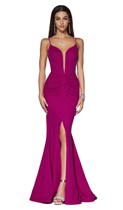 Cinderella Divine - CF329 Plunging Bodice Front Slit Mermaid Gown Prom Dresses XS / Purple