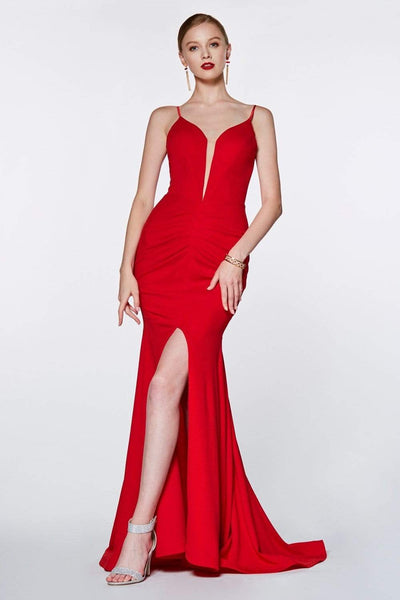 Cinderella Divine - CF329 Plunging Bodice Front Slit Mermaid Gown Prom Dresses XS / Red