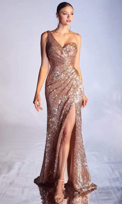 Cinderella Divine - Sleeveless Sequin High Slit Gown CH182SC In Pink and Gold