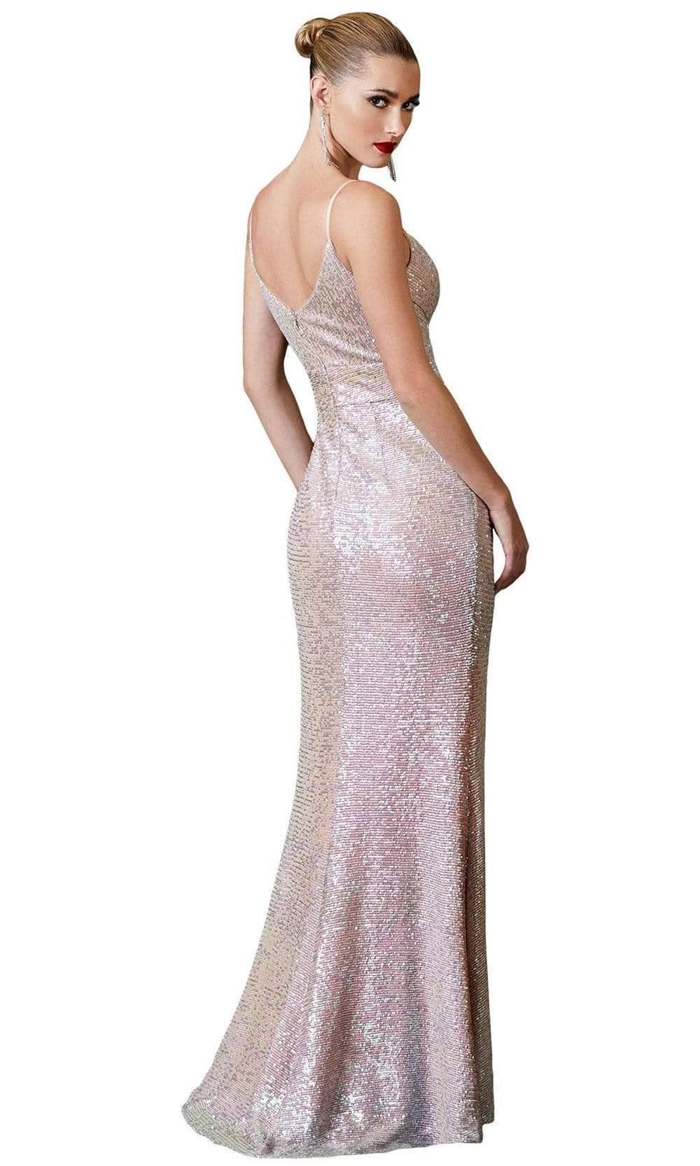 Cinderella Divine - Spaghetti Straps V-Back Embellished High Slit Dress CH222SC In Pink