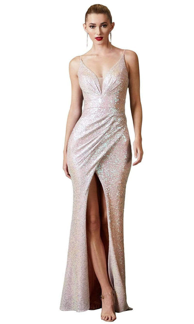 Cinderella Divine - Spaghetti Straps V-Back Embellished High Slit Dress CH222SC In Pink