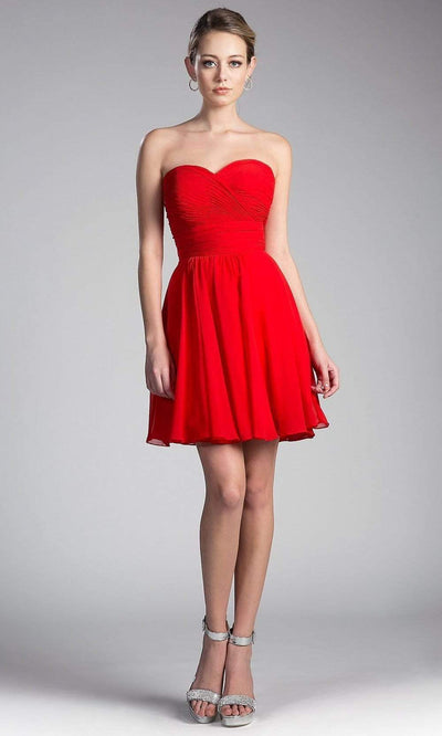 Cinderella Divine - CJ216S Rosette Pleated Sweetheart Chiffon Cocktail Dress Special Occasion Dress 2 / Red