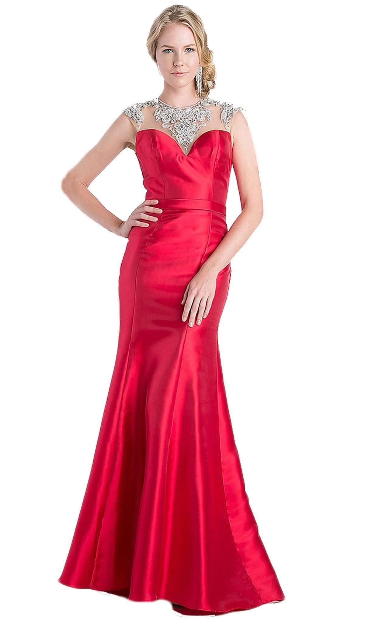 Cinderella Divine - CJ221 Embellished Illusion Jewel Neck Trumpet Dress Special Occasion Dress 2 / Red