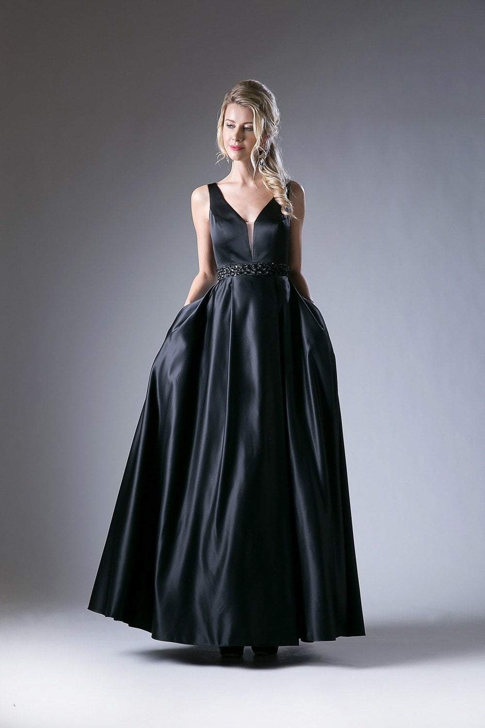 Cinderella Divine - CJ225 Beaded Belt Sleeveless Satin Evening Gown Special Occasion Dress 4 / Black