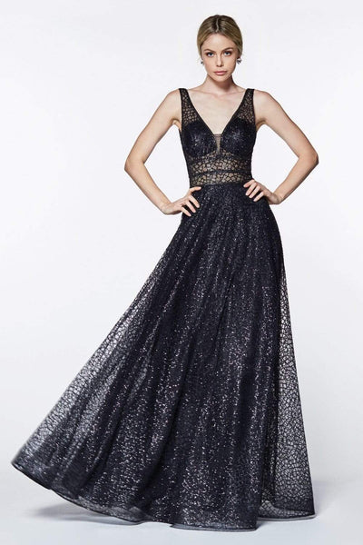 Cinderella Divine - CJ256 V-Neck Glitter Print A-Line Prom Gown Prom Dresses 2 / Black