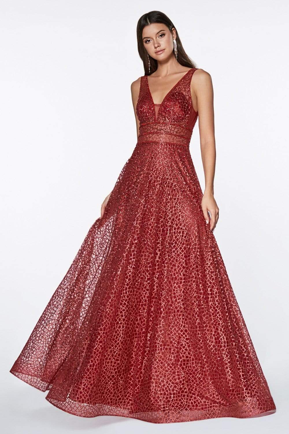 Cinderella Divine - CJ256 V-Neck Glitter Print A-Line Prom Gown Prom Dresses 2 / Burgundy