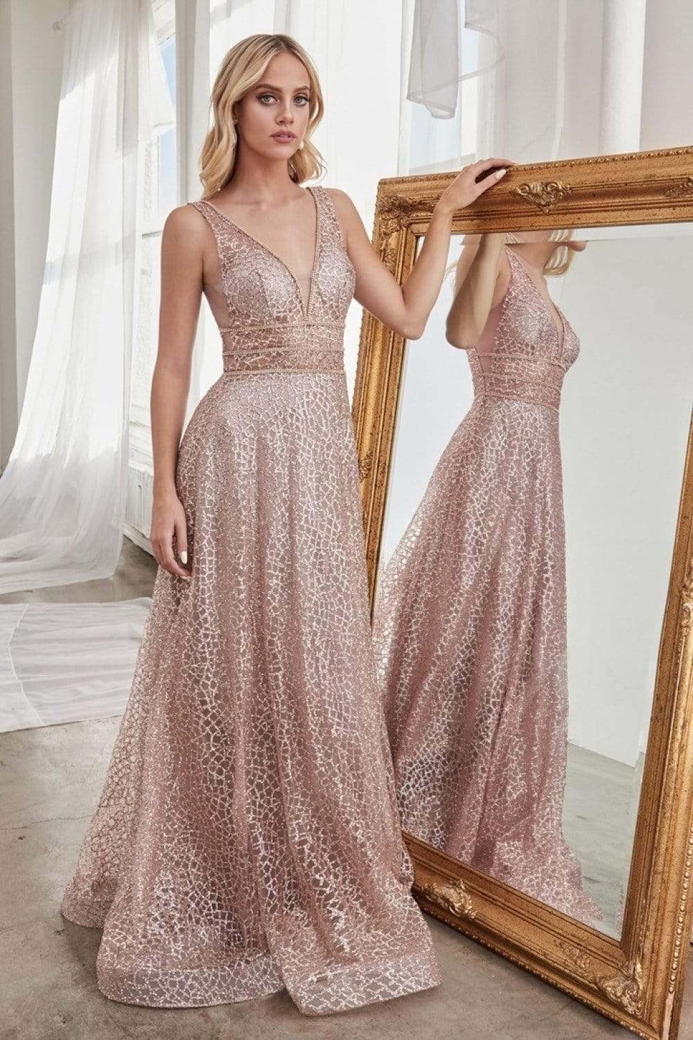 Cinderella Divine - CJ256 V-Neck Glitter Print A-Line Prom Gown Prom Dresses 2 / Champagne Gold